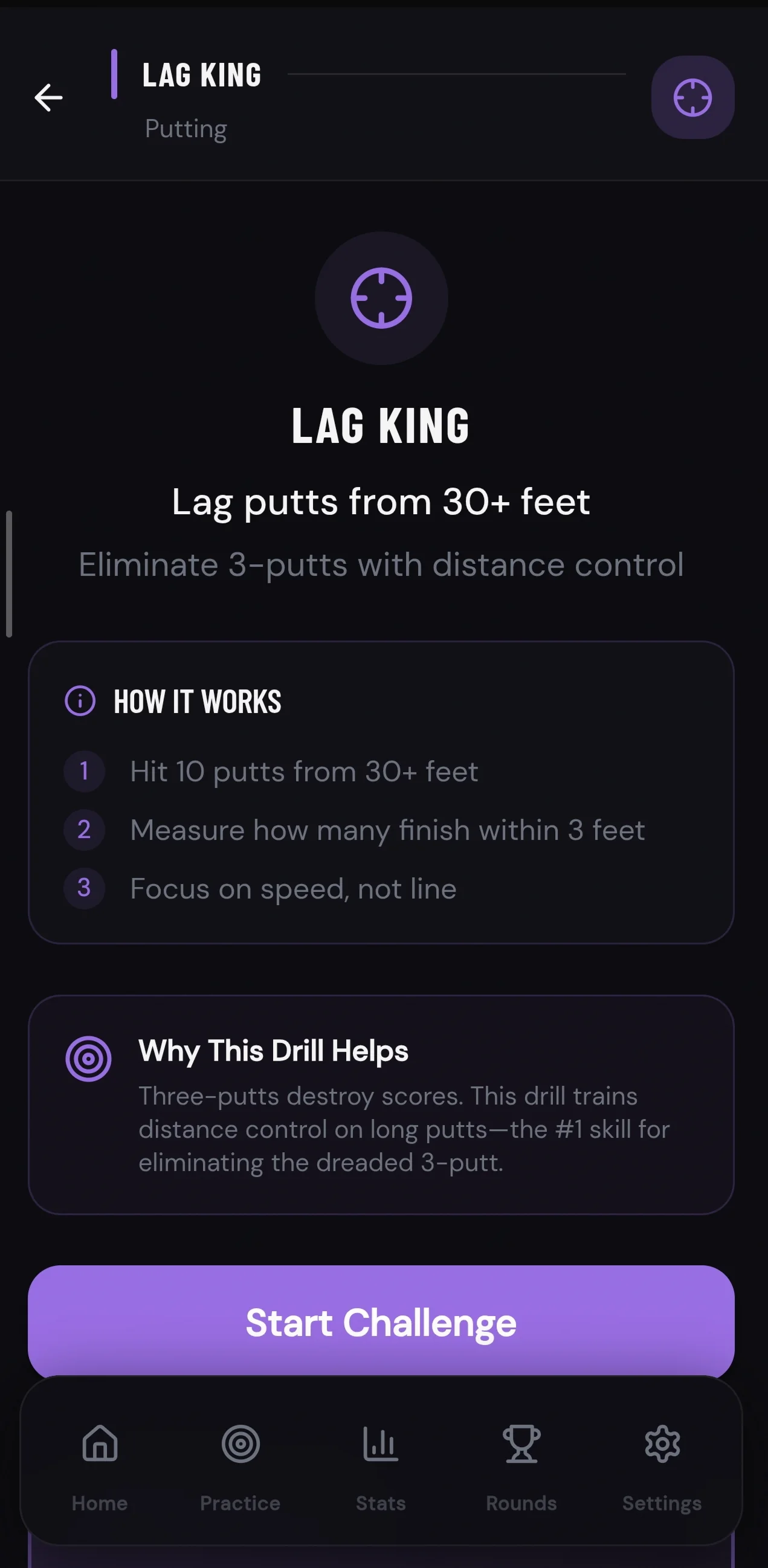 Scoring Zone app showing lag putting drill results with pressure scoring